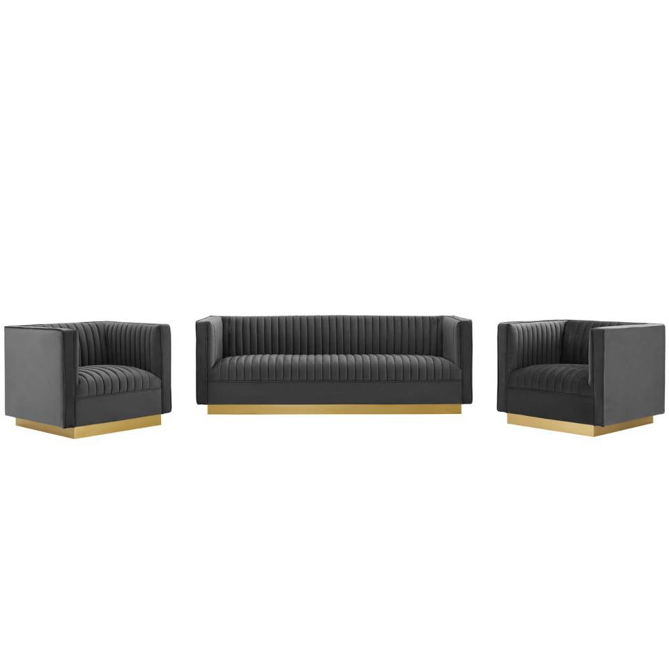 Modway Sanguine 3 Piece Vertical Channel Tufted Upholstered Performance Velvet Set | Sofas | Modishstore-7