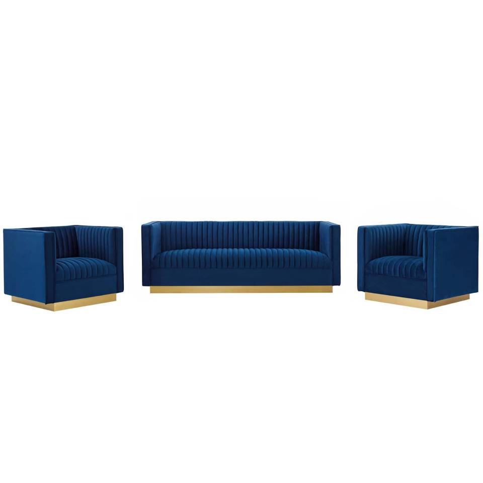 Modway Sanguine 3 Piece Vertical Channel Tufted Upholstered Performance Velvet Set | Sofas | Modishstore-8