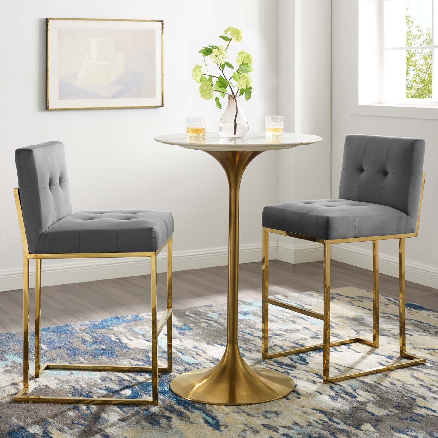 Modway Privy Gold Stainless Steel Performance Velvet Bar Stool Set of 2 | Bar Stools | Modishstore