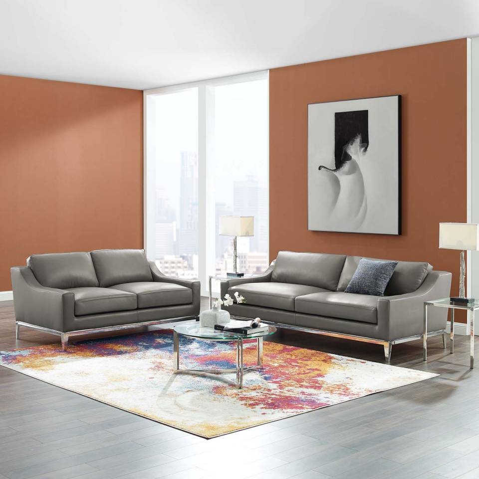 Modway Harness Stainless Steel Base Leather Sofa and Loveseat Set | Loveseats