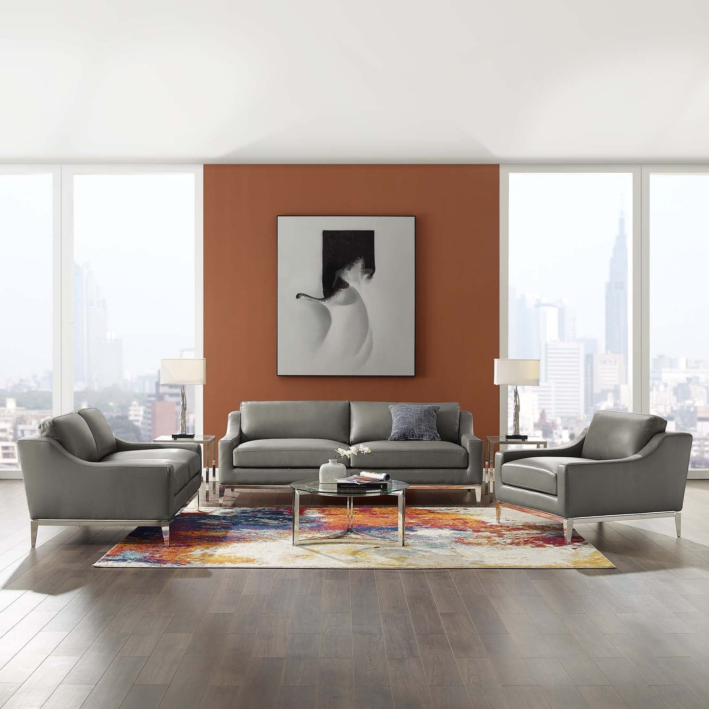 Modway Harness 3 Piece Stainless Steel Base Leather Set | Sofas