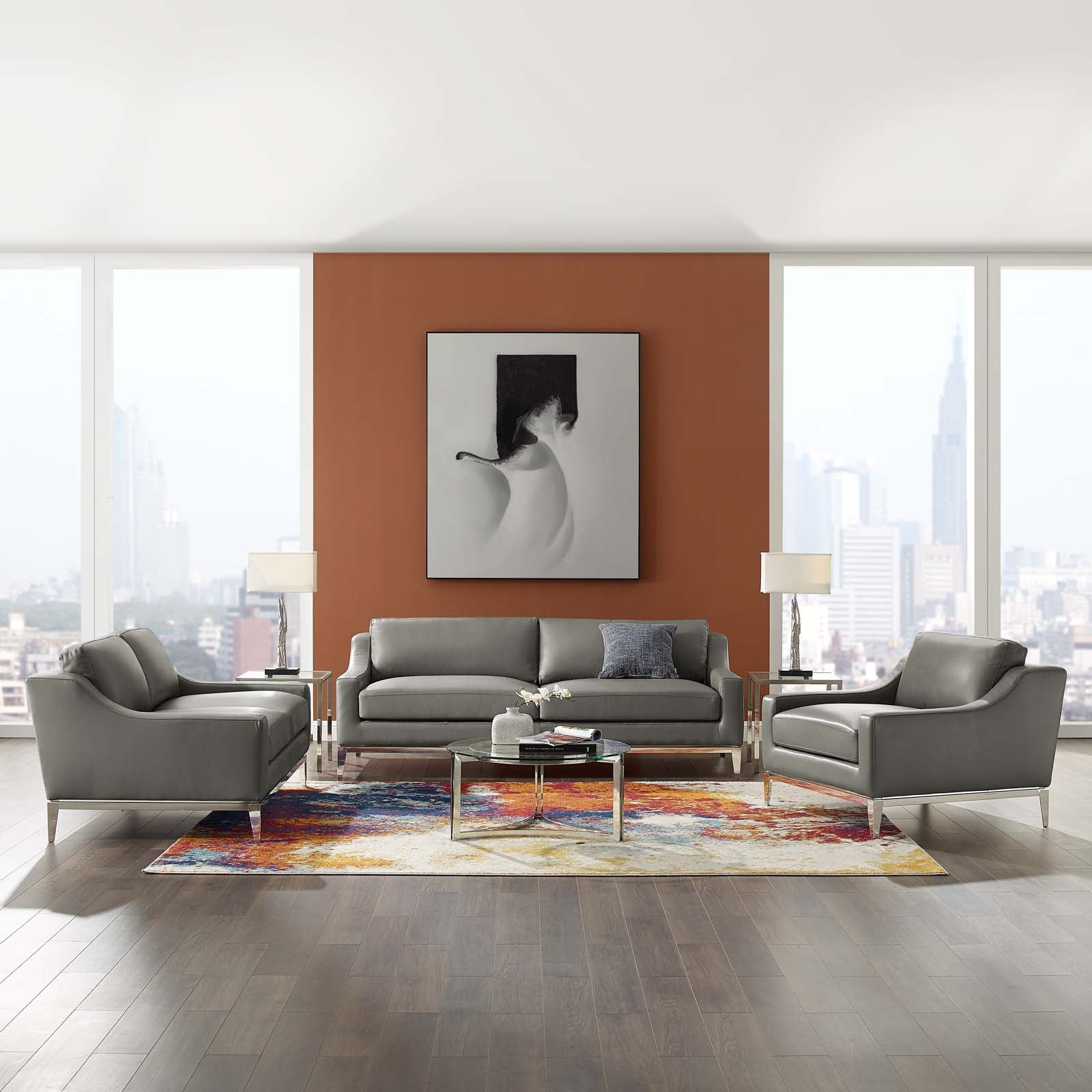 Modway Harness 3 Piece Stainless Steel Base Leather Set | Sofas