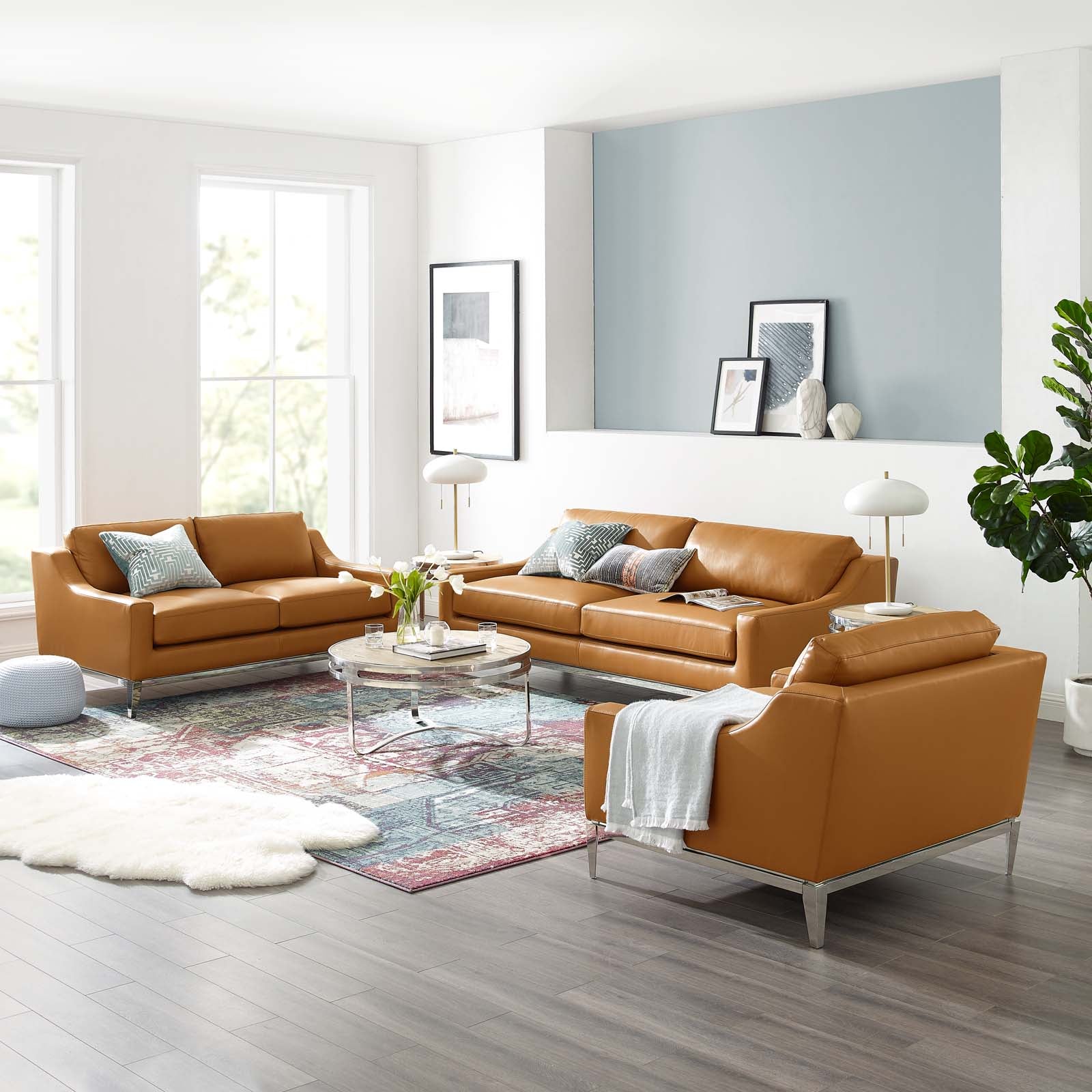 Modway Harness 3 Piece Stainless Steel Base Leather Set | Sofas | 