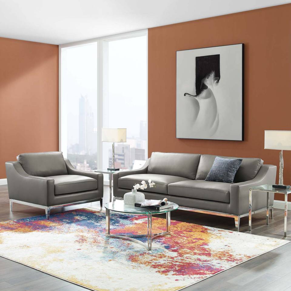 Modway Harness Stainless Steel Base Leather Sofa & Armchair Set | Sofas