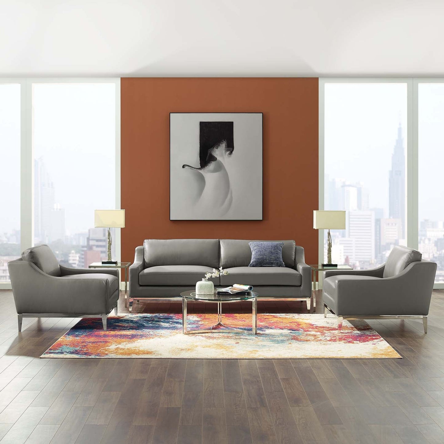 Modway Harness 3 Piece Stainless Steel Base Leather Set | Sofas