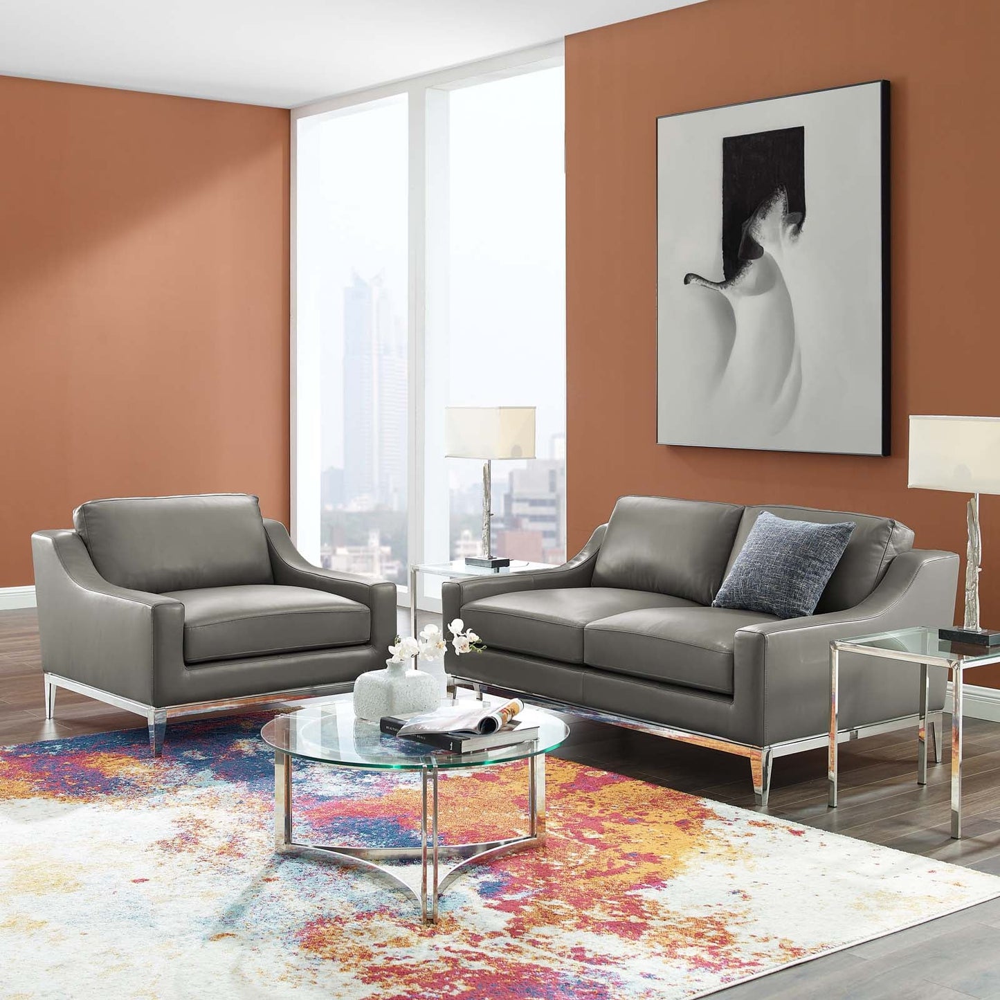 Modway Harness Stainless Steel Base Leather Loveseat & Armchair Set | Loveseats | 