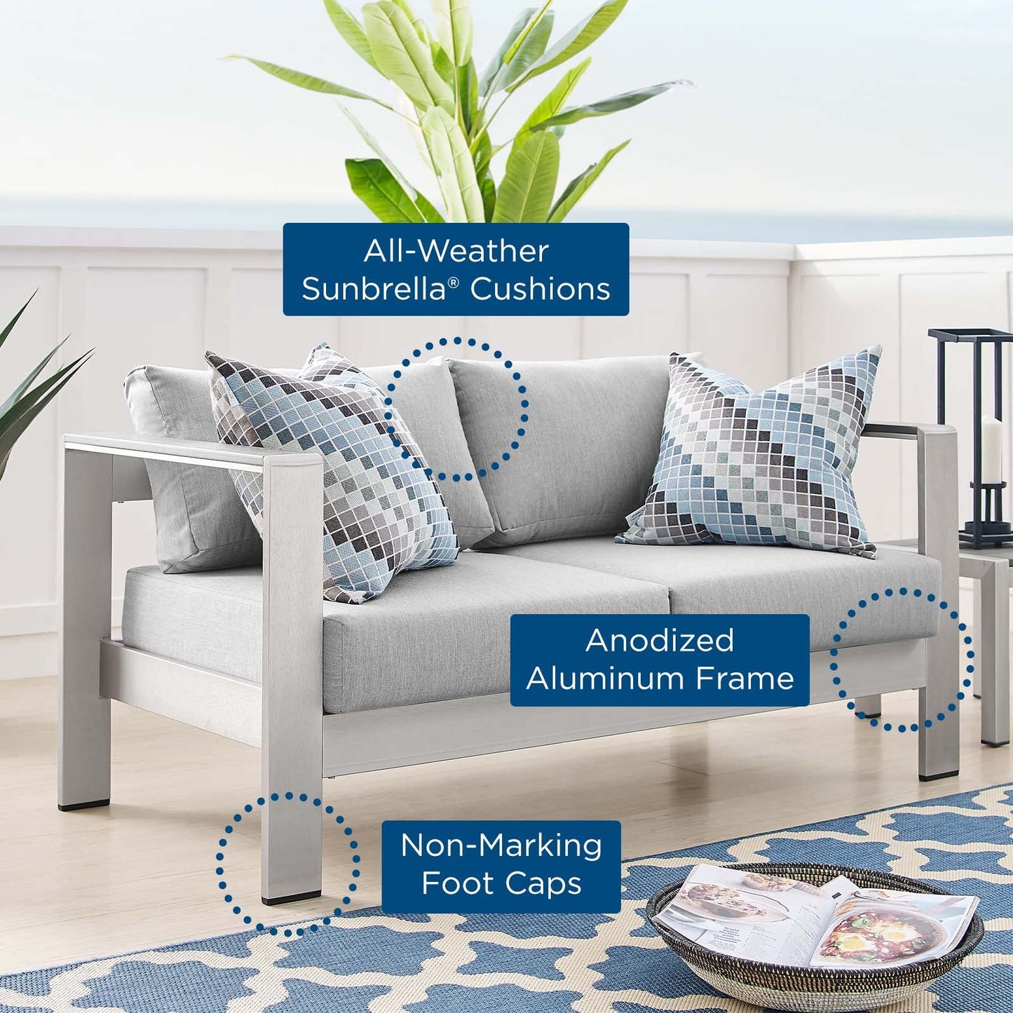 Modway Shore Sunbrella® Fabric Aluminum Outdoor Patio Loveseat | Outdoor Sofas, Loveseats & Sectionals | Modishstore-7
