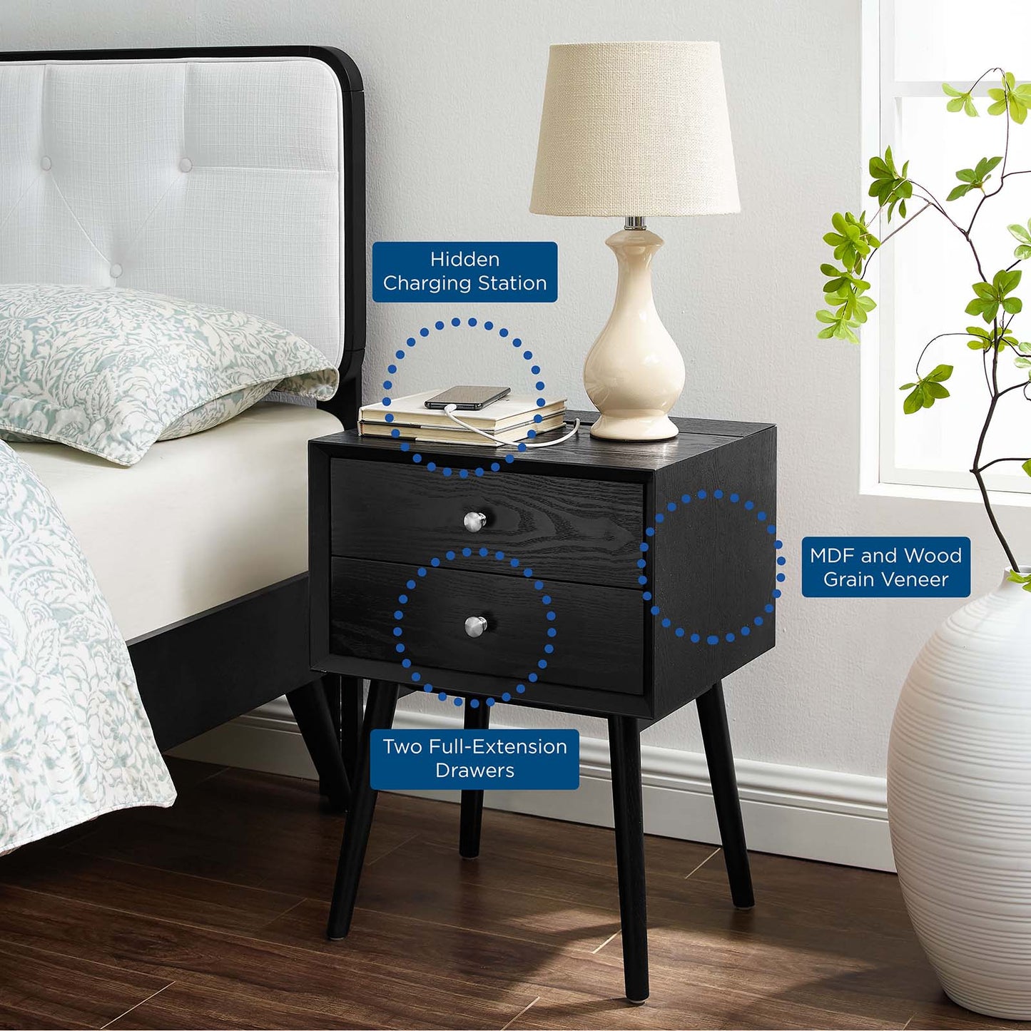 Modway Ember Wood Nightstand With USB Ports | Nightstands