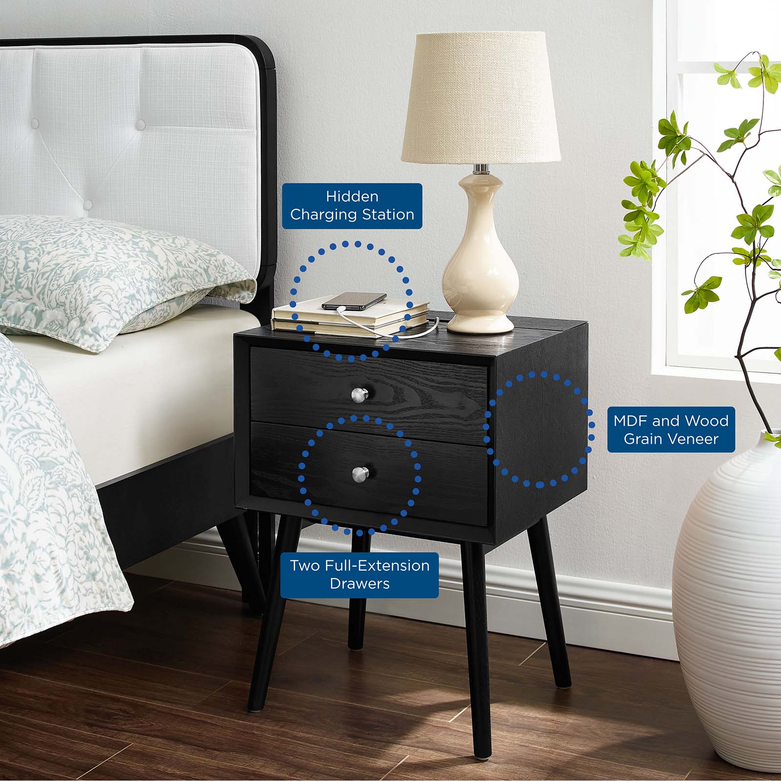 Modway Ember Wood Nightstand With USB Ports | Nightstands