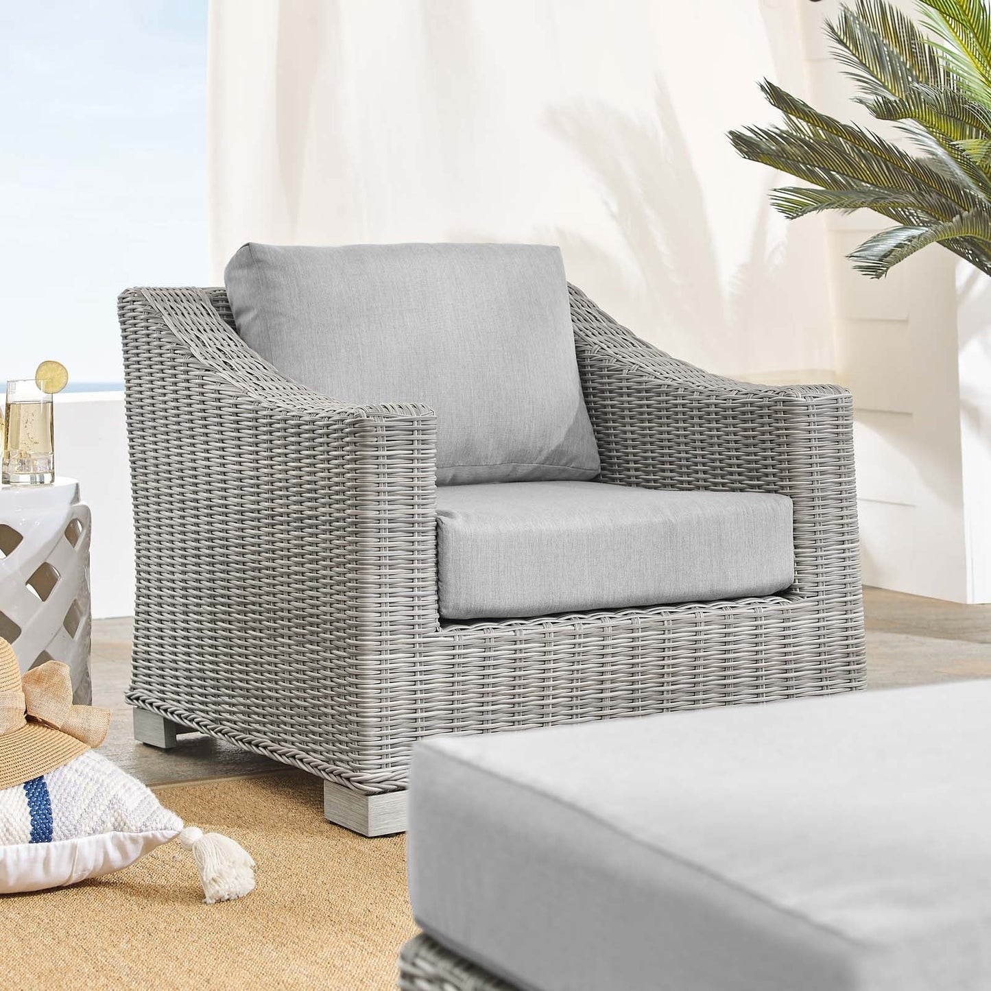 Modway Conway Sunbrella® Outdoor Patio Wicker Rattan 2-Piece Armchair and Ottoman Set | Outdoor Chairs | 
