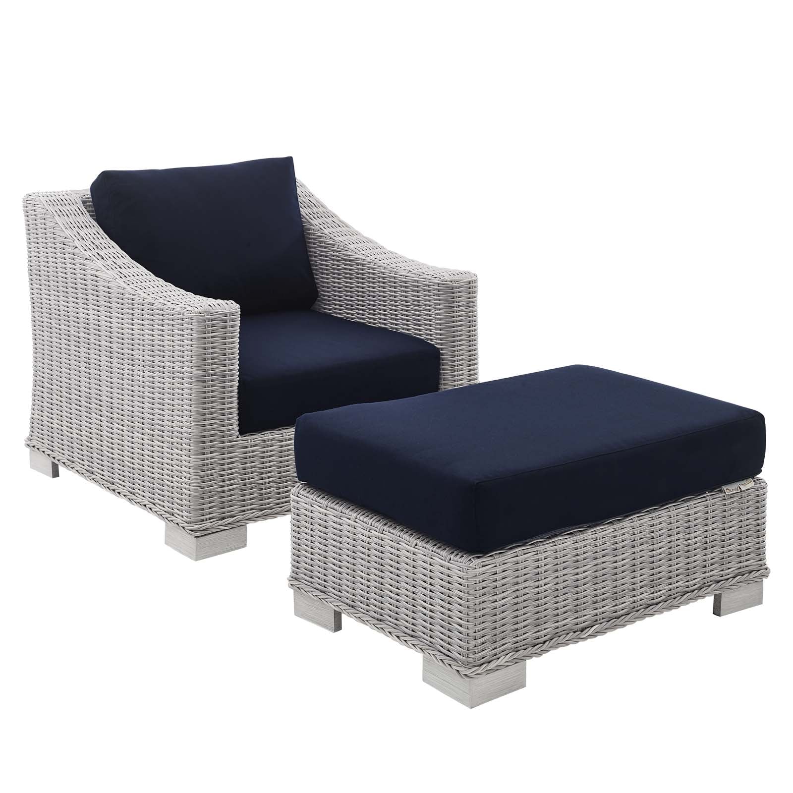 Modway Conway Sunbrella® Outdoor Patio Wicker Rattan 2-Piece Armchair and Ottoman Set | Outdoor Chairs | 