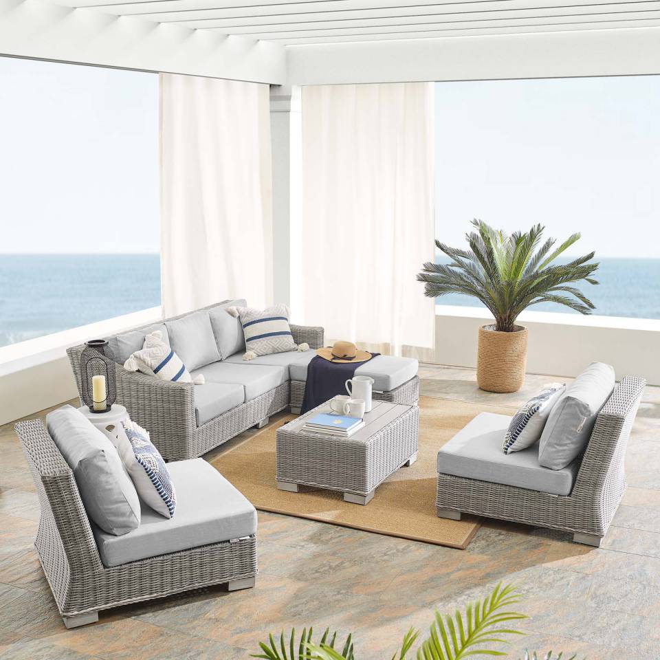 Modway Conway Sunbrella® Outdoor Patio Wicker Rattan 5-Piece Furniture Set | Outdoor Patio Daybed