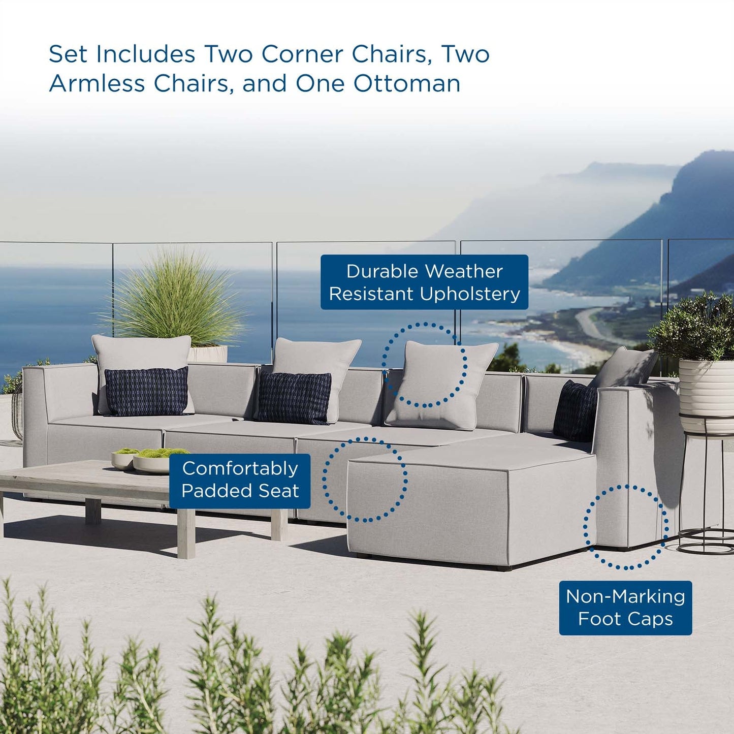 Modway Saybrook Outdoor Patio Upholstered 5-Piece Sectional Sofa | Outdoor Sofas, Loveseats & Sectionals | Modishstore-11
