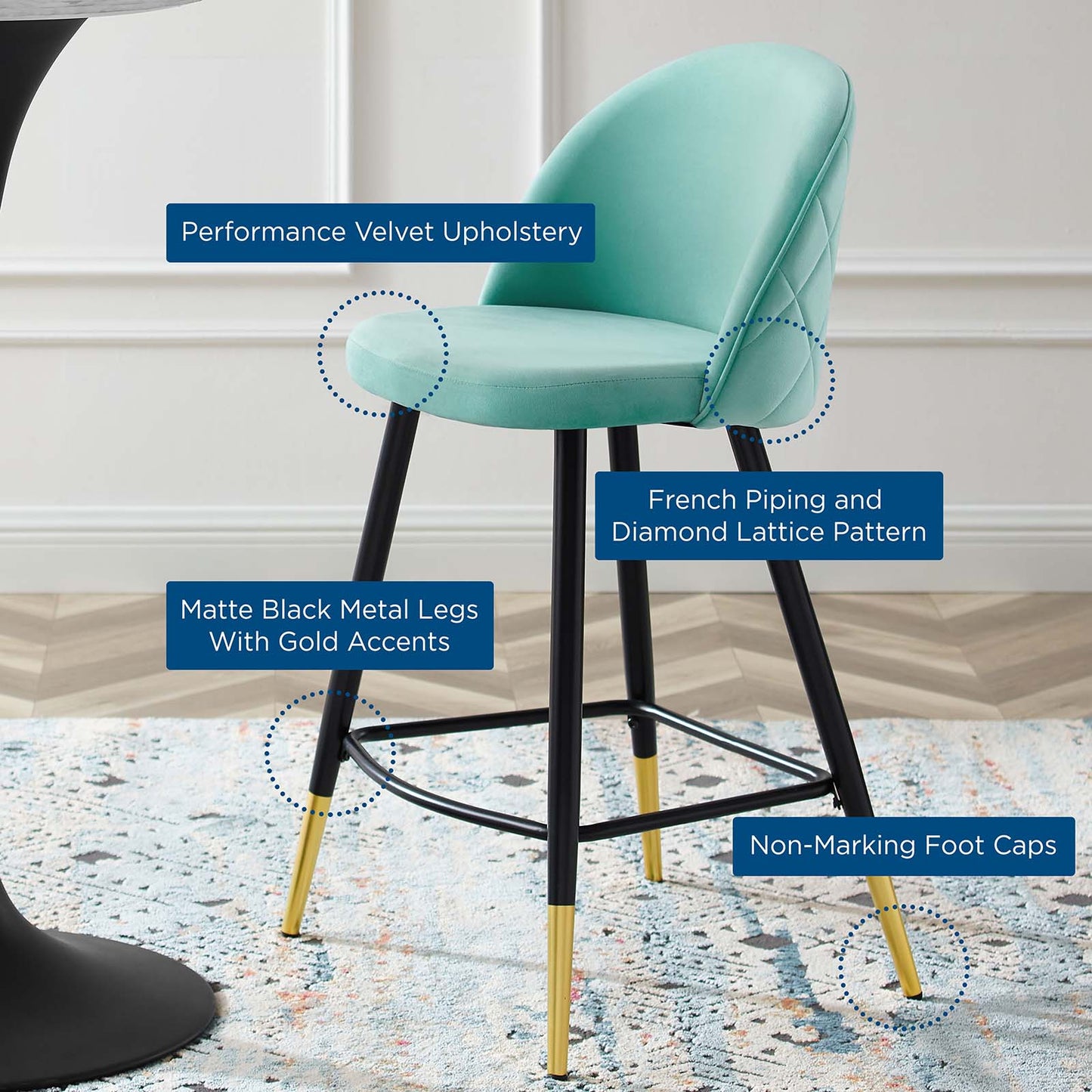 Modway Cordial Performance Velvet Counter Stools - Set of 2 | Bar Stools | 