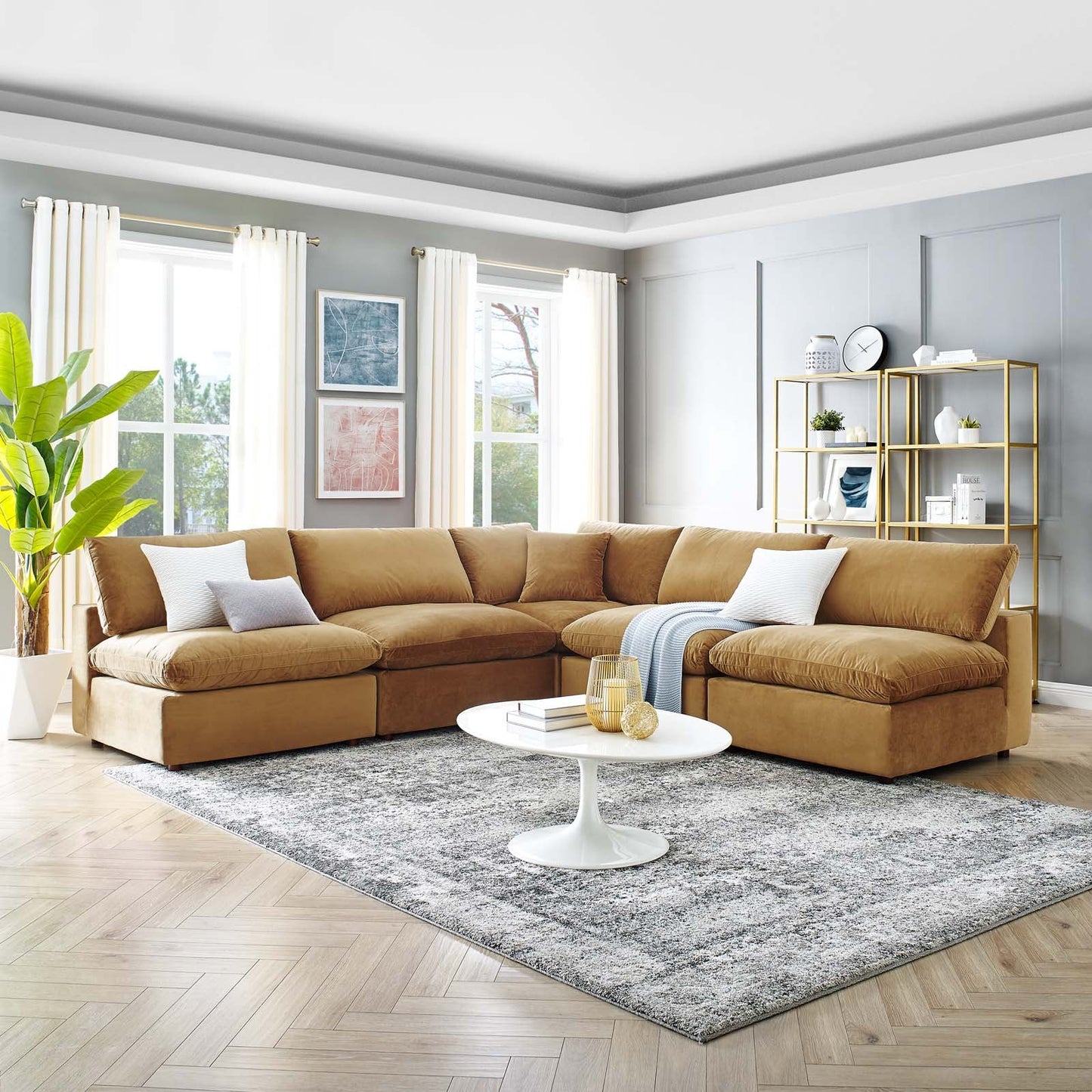 Modway Commix Down Filled Overstuffed Performance Velvet 5-Piece Sectional Sofa | Sofas