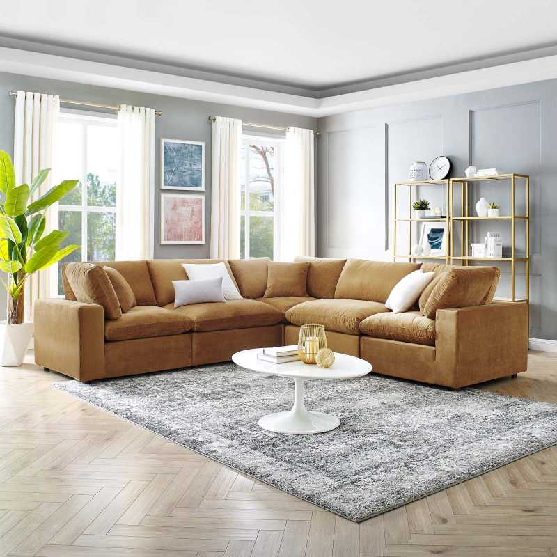 Modway Commix Down Filled Overstuffed Performance Velvet 5-Piece Sectional Sofa | Sofas