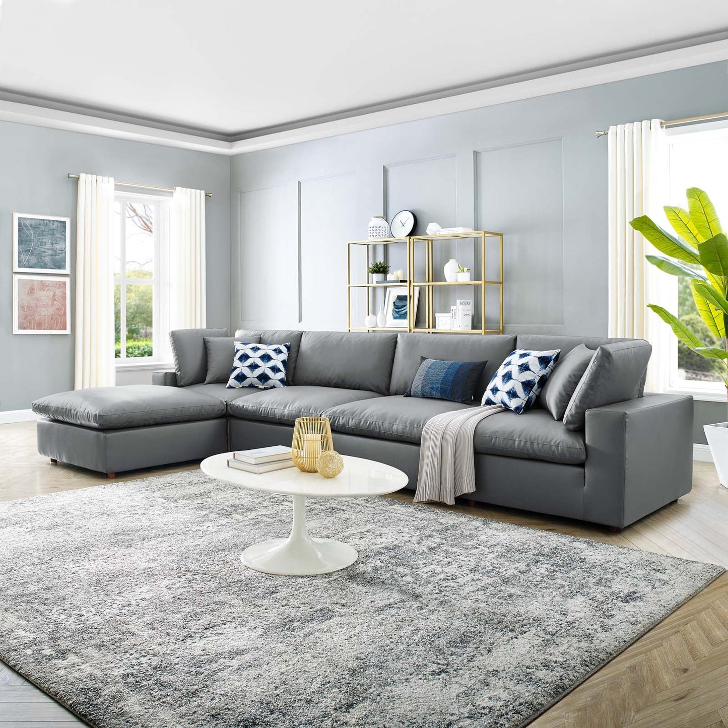 Modway Commix Down Filled Overstuffed Vegan Leather 5-Piece Sectional Sofa | Sofas