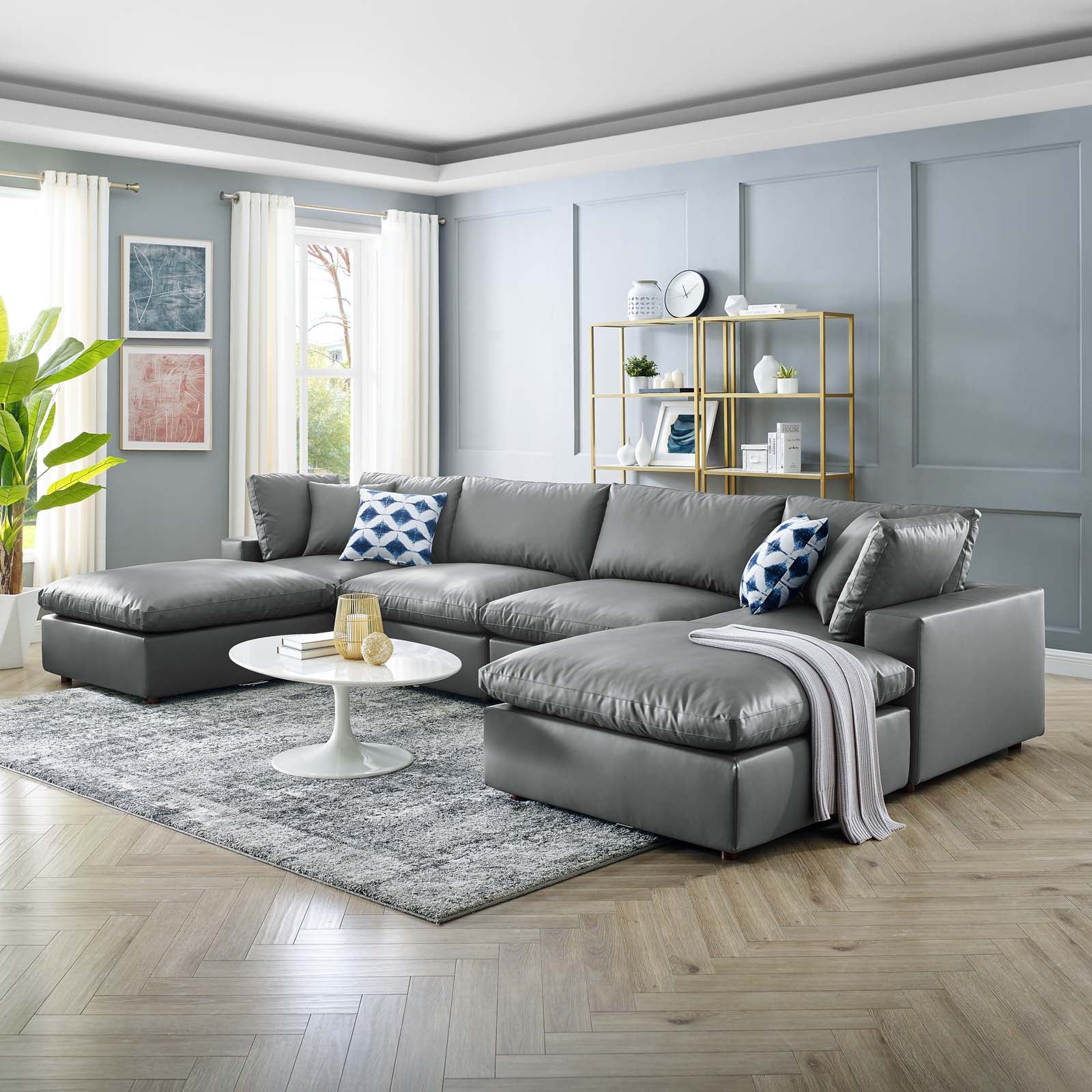 Modway Commix Down Filled Overstuffed Vegan Leather 6-Piece Sectional Sofa | Sofas