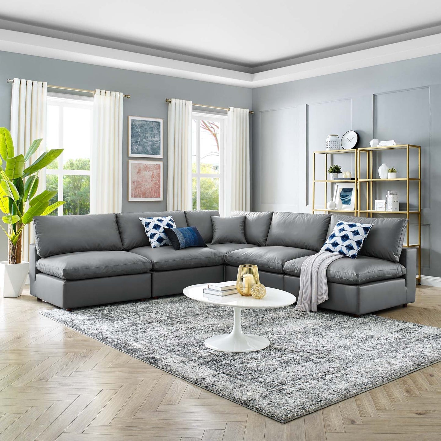 New Modway Commix Down Filled Overstuffed Vegan Leather 5-Piece Sectional Sofa EEI-4919-GRY |  | 
