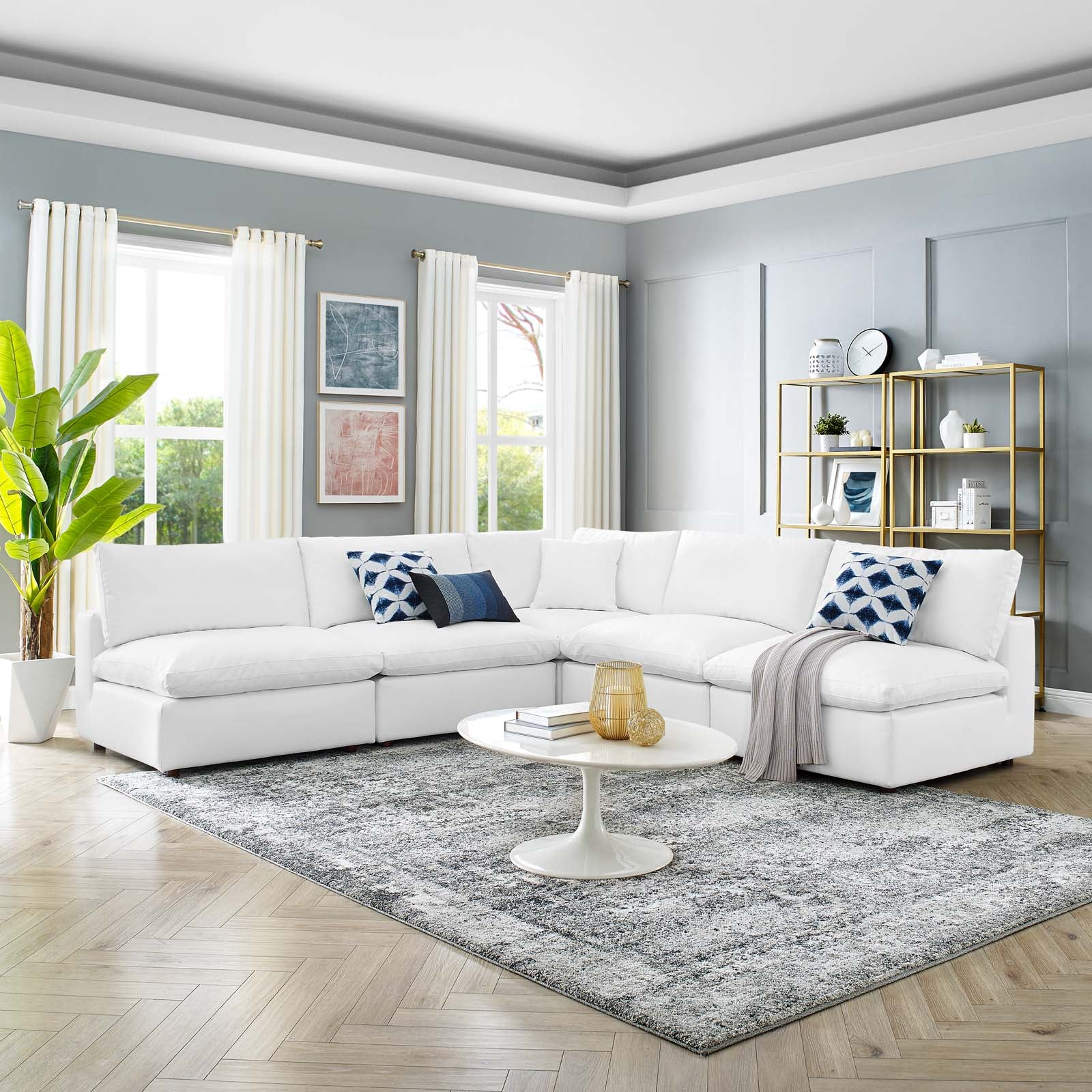 New Modway Commix Down Filled Overstuffed Vegan Leather 5-Piece Sectional Sofa EEI-4919-GRY |  | 