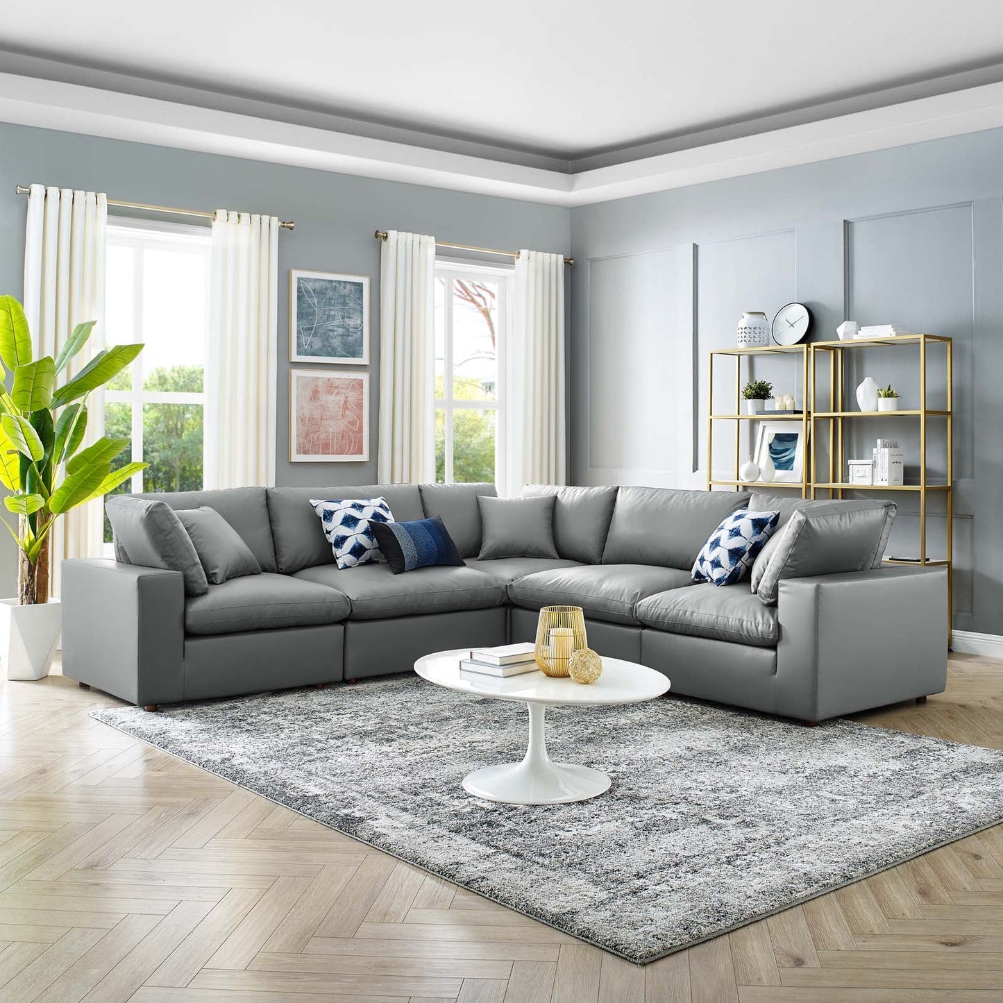 Modway Commix Down Filled Overstuffed Vegan Leather 5-Piece Sectional Sofa | Sofas