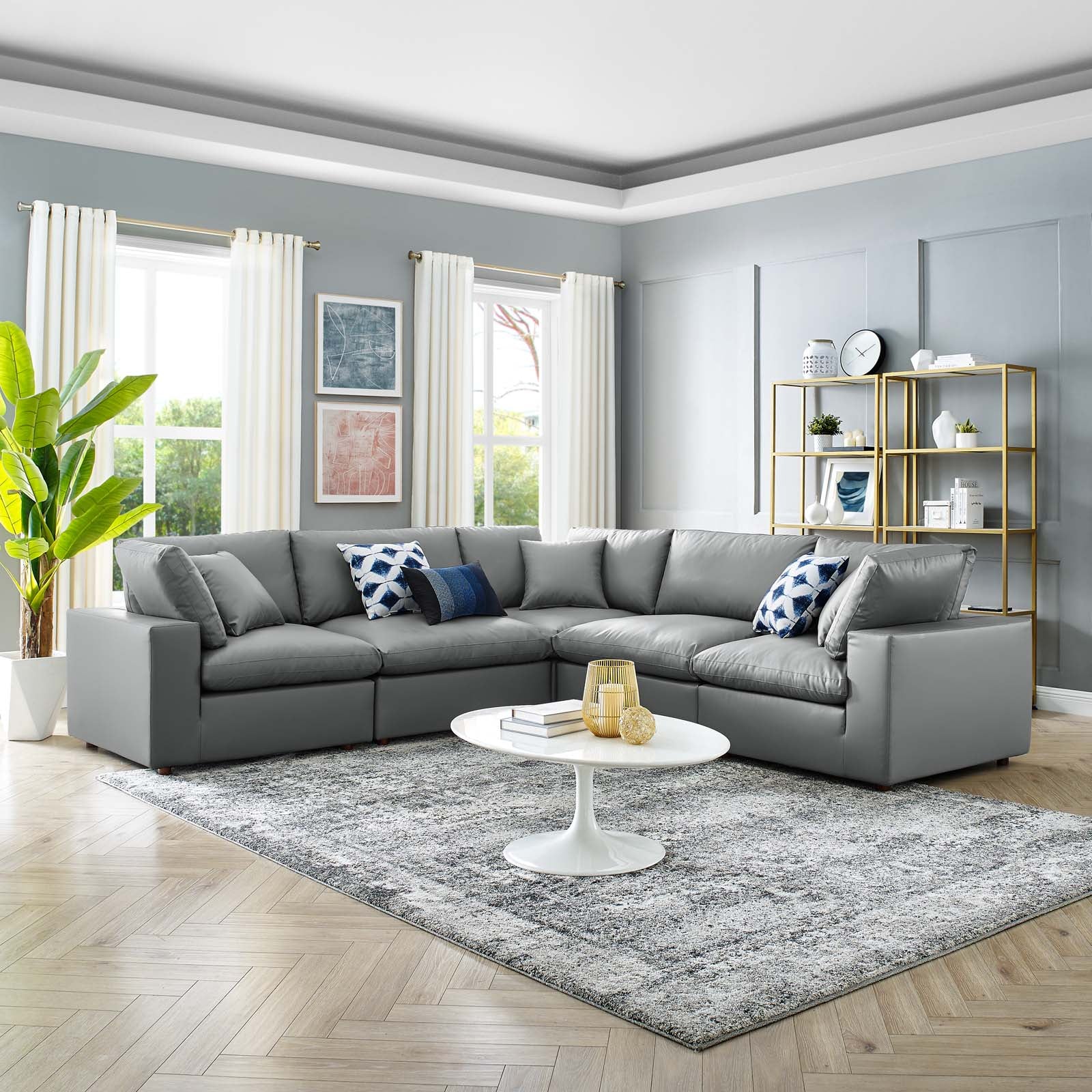 Modway Commix Down Filled Overstuffed Vegan Leather 5-Piece Sectional Sofa | Sofas