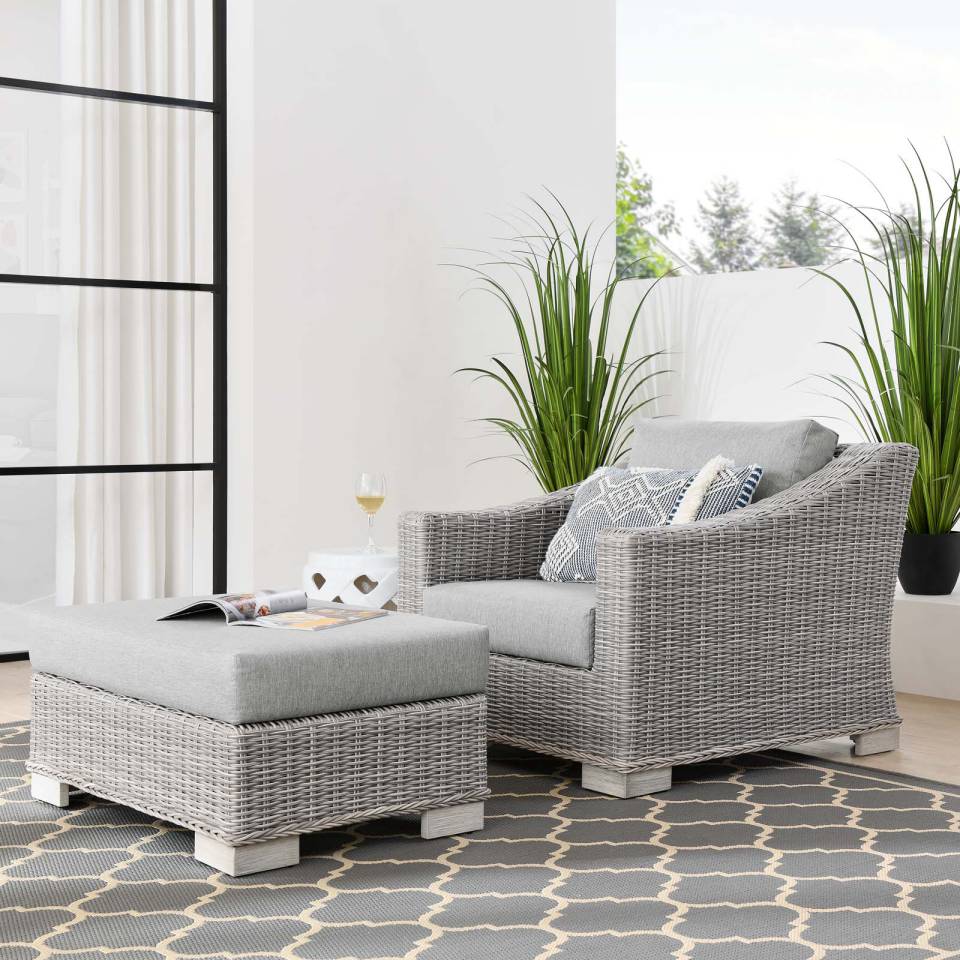 Modway Conway Outdoor Patio Wicker Rattan 2-Piece Armchair and Ottoman Set | Outdoor Chairs