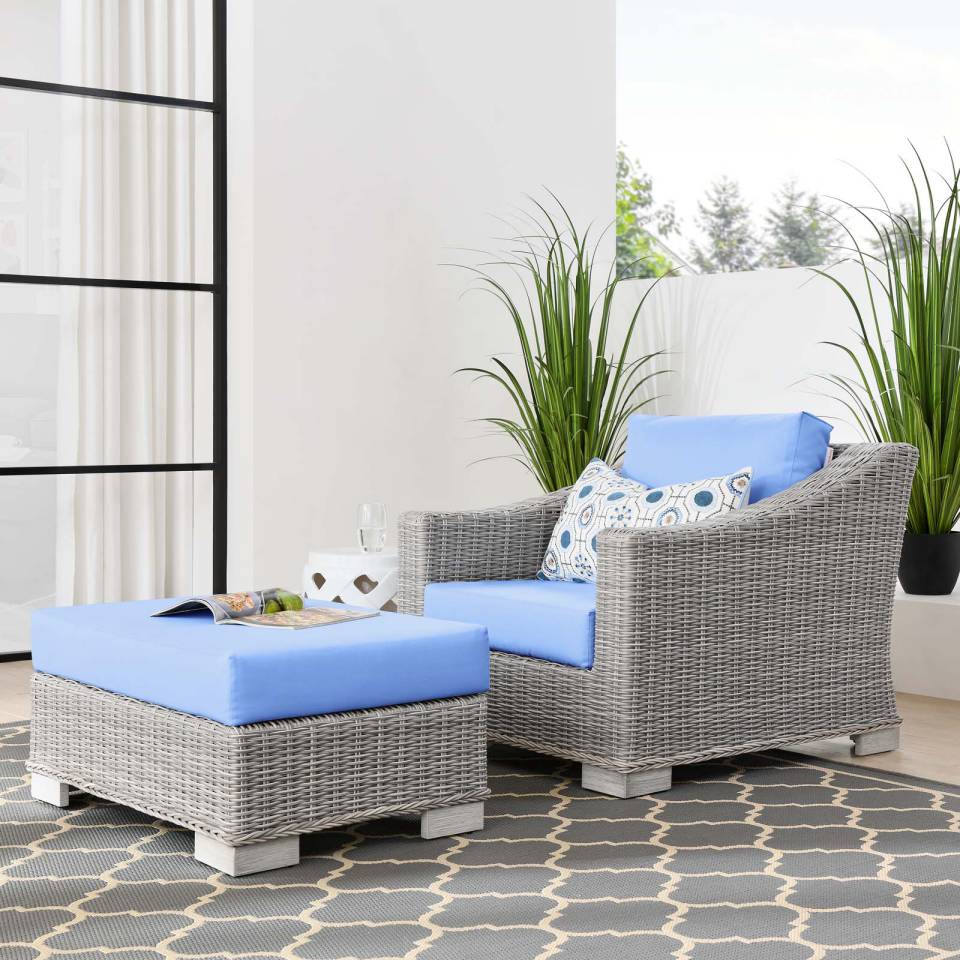Modway Conway Outdoor Patio Wicker Rattan 2-Piece Armchair and Ottoman Set | Outdoor Chairs | 