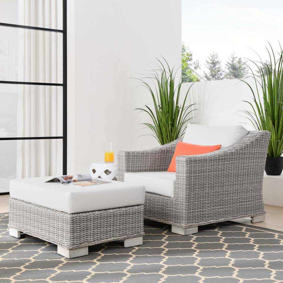 Modway Conway Outdoor Patio Wicker Rattan 2-Piece Armchair and Ottoman Set | Outdoor Chairs | 