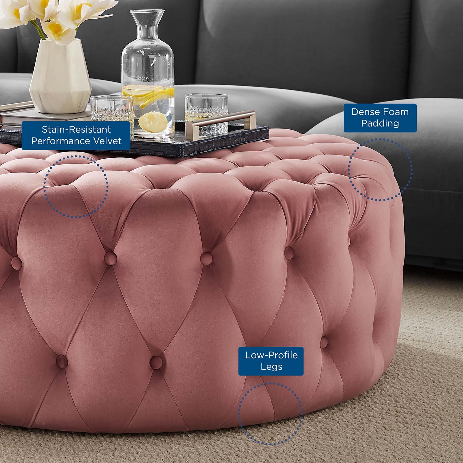 Amour Tufted Button Large Round Performance Velvet Ottoman By Modway | Ottomans | 