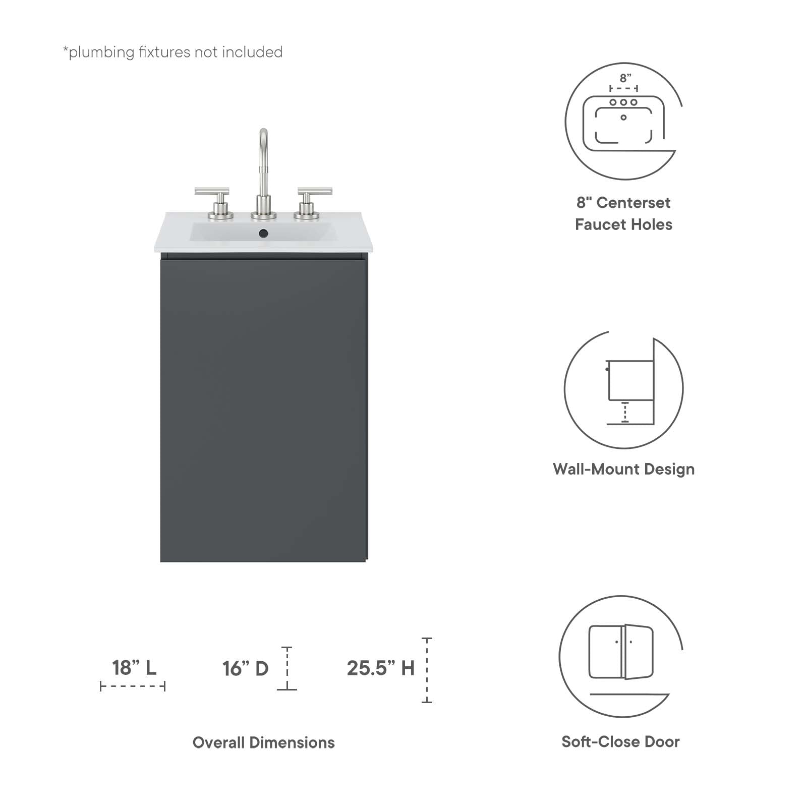 Bryn 18" Wall-Mount Bathroom Vanity By Modway - EEI-5776-GRY-BLK | Bathroom Accessories |  Modishstore - 15