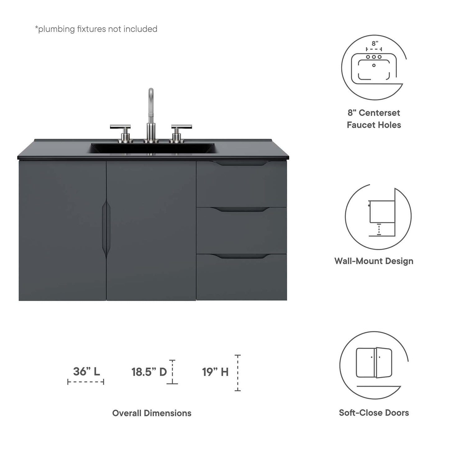 Vitality 36" Bathroom Vanity By Modway - EEI-5783-GRY-BLK | Bathroom Accessories |  Modishstore - 8