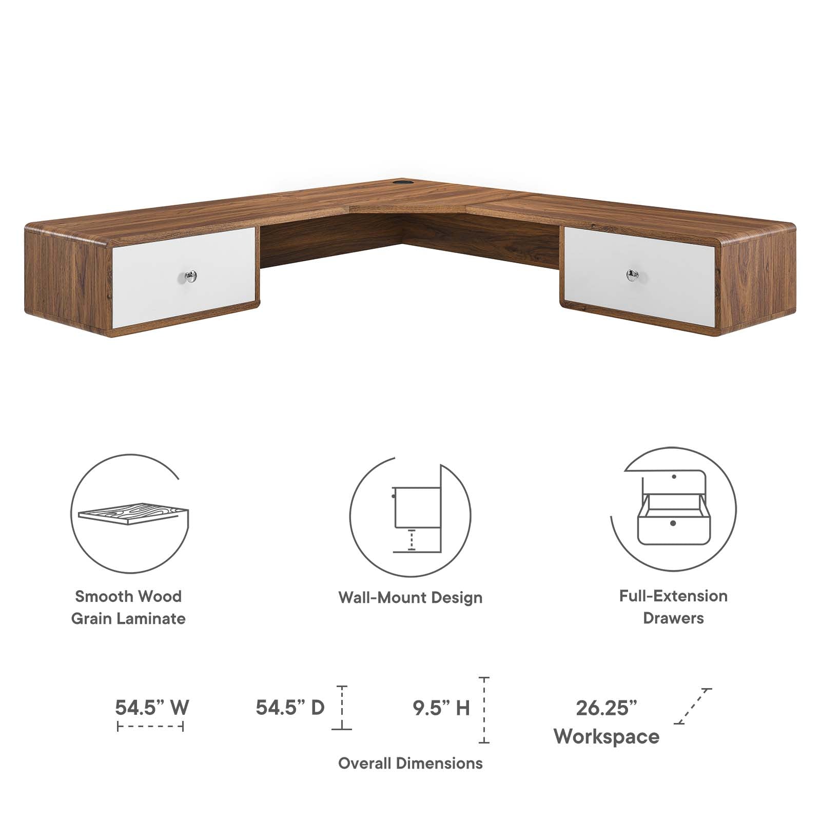 Transmit 55" Wall Mount Corner Wood Office Desk By Modway - EEI-5863-WAL-WHI | Desks |  Modishstore - 8