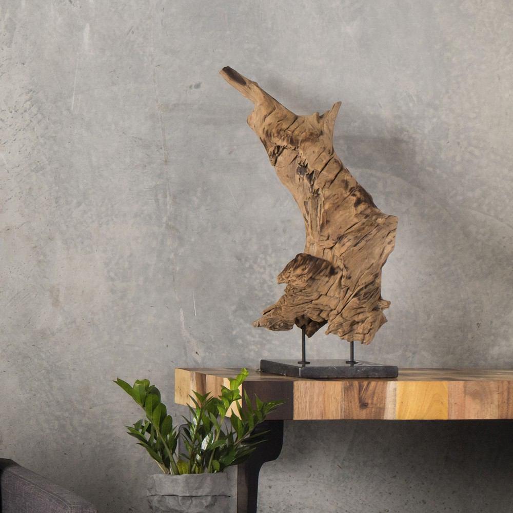 Moe's Home Collection Teak Wood Sculpture On Black Marble Stand Medium