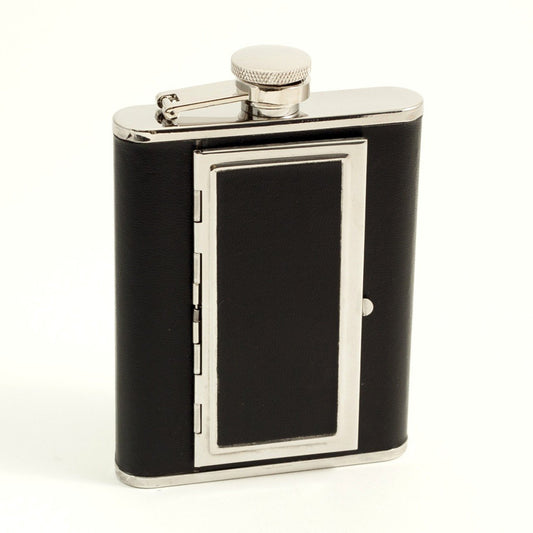Bey-Berk 6 oz. Stainless Steel Black Leather Flask w/ Cigarette Compartment