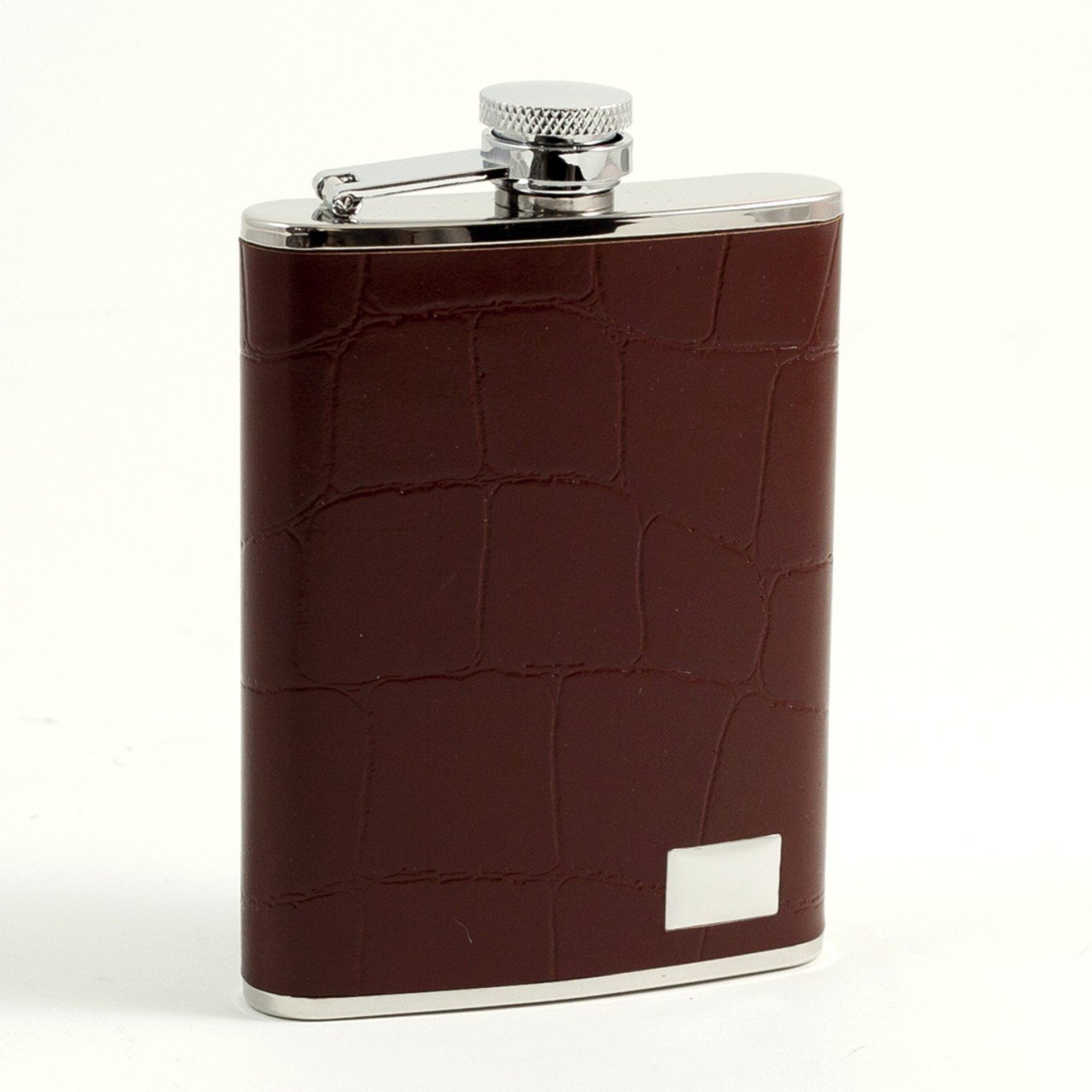 Bey-Berk 6 oz. Stainless Steel Flask in Brown "Croco" Leather