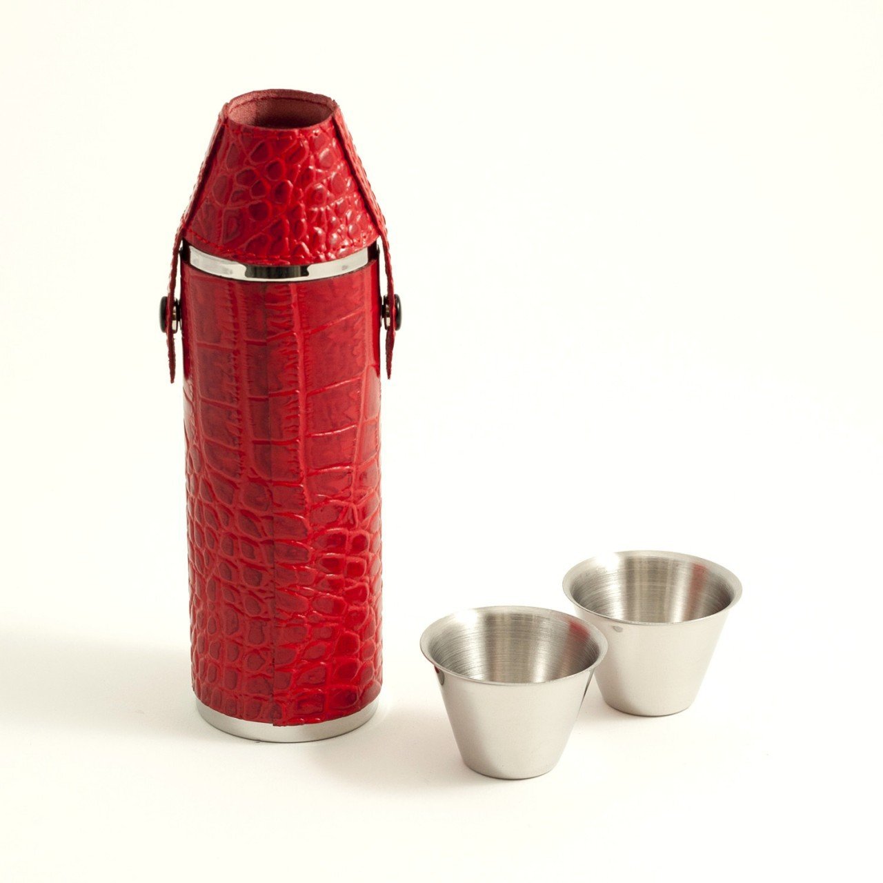 Bey-Berk 10oz. Stainless Steel Cyllindar Flask in Red "Croco" Leather with Two Cups