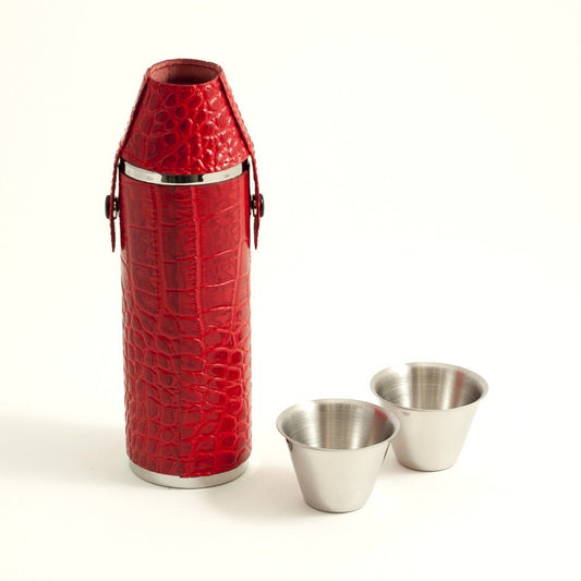 Bey-Berk 10oz. Stainless Steel Cyllindar Flask in Red "Croco" Leather with Two Cups