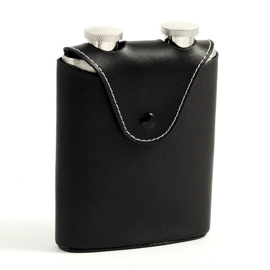 Bey-Berk Two 3 oz. Stainless Steel Flasks in Black Leather Carrying Case