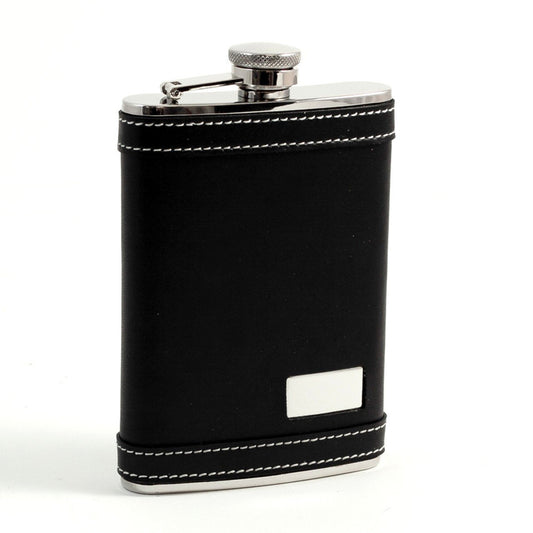 Bey-Berk 8 oz Stainless Steel Flask in Black Leather w/ White Stitching Accents