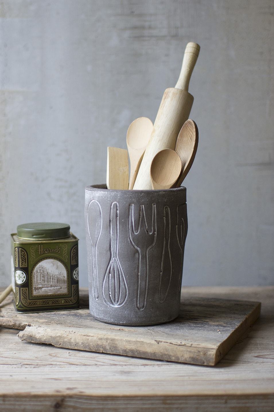 kalalou Grey Washed Clay Utensil Holder - Set of 2