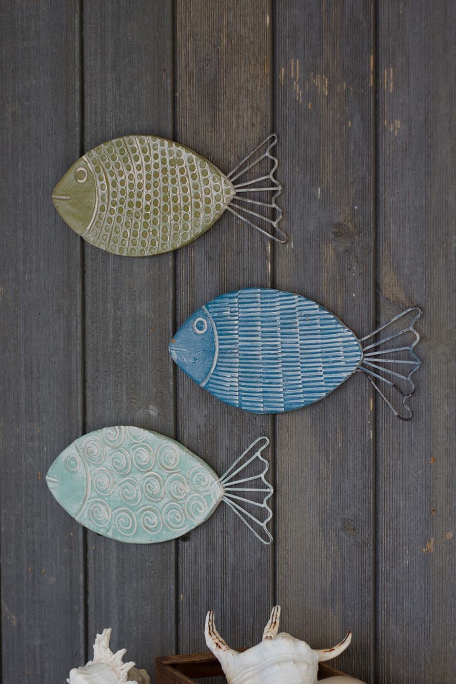 Kalalou Set Of 3 Seaside Wire And Clay Fish Wall Hangings