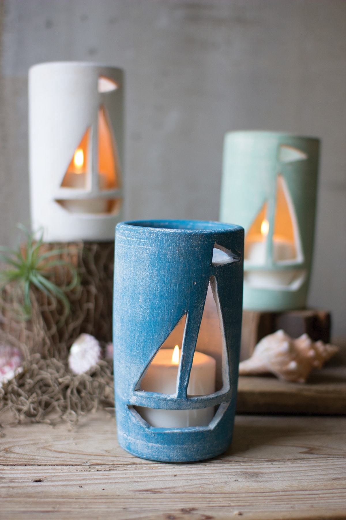 Kalalou Set Of 3 Clay Sailboat Luminaries - Set Of 2
