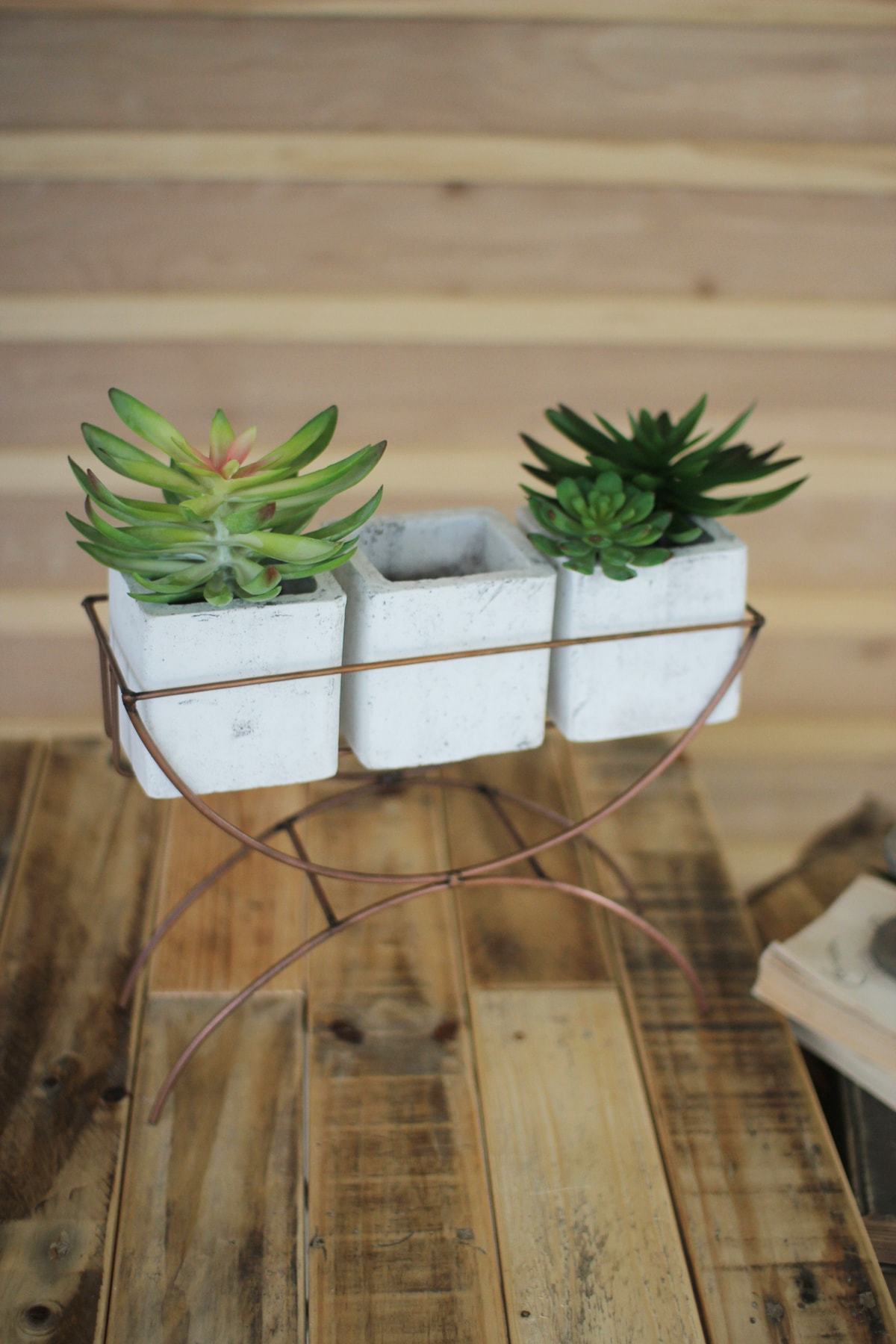 Kalalou Three White-Washed Clay Cubes On Copper Finish Stand