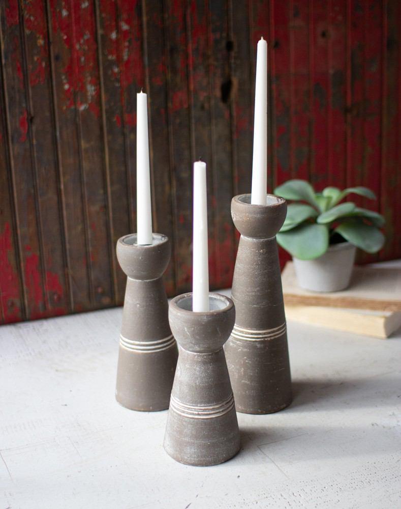 Kalalou Set Of 3 White And Grey Wash Clay Taper Candle Holders