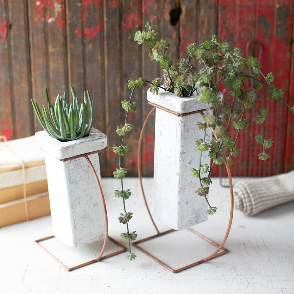 Kalalou Set Of 2 Square Clay White Wash Vases With Round Copper Finish Bases