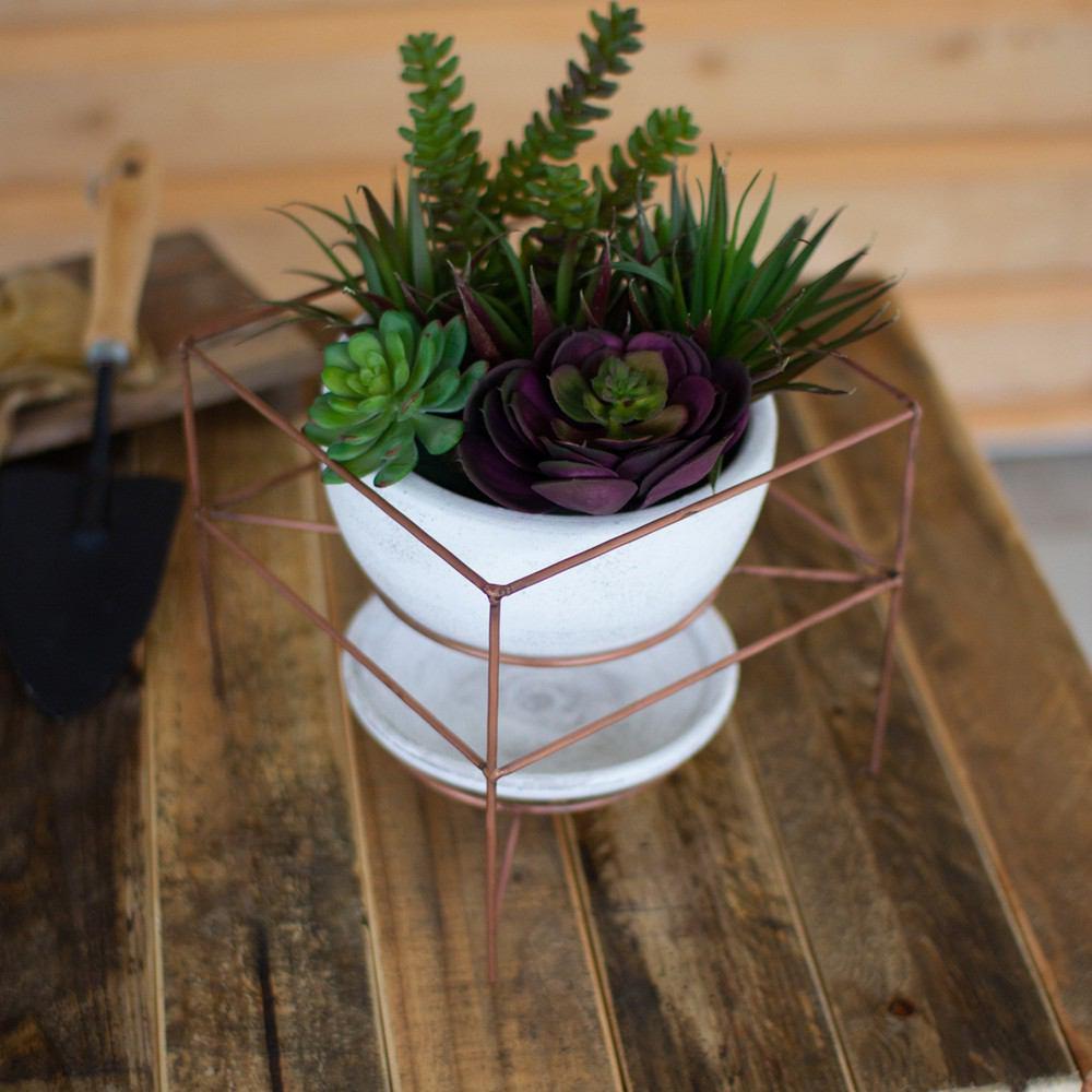 Kalalou White Wash Clay Bowl Planter & Saucer With Square Copper Finish Base