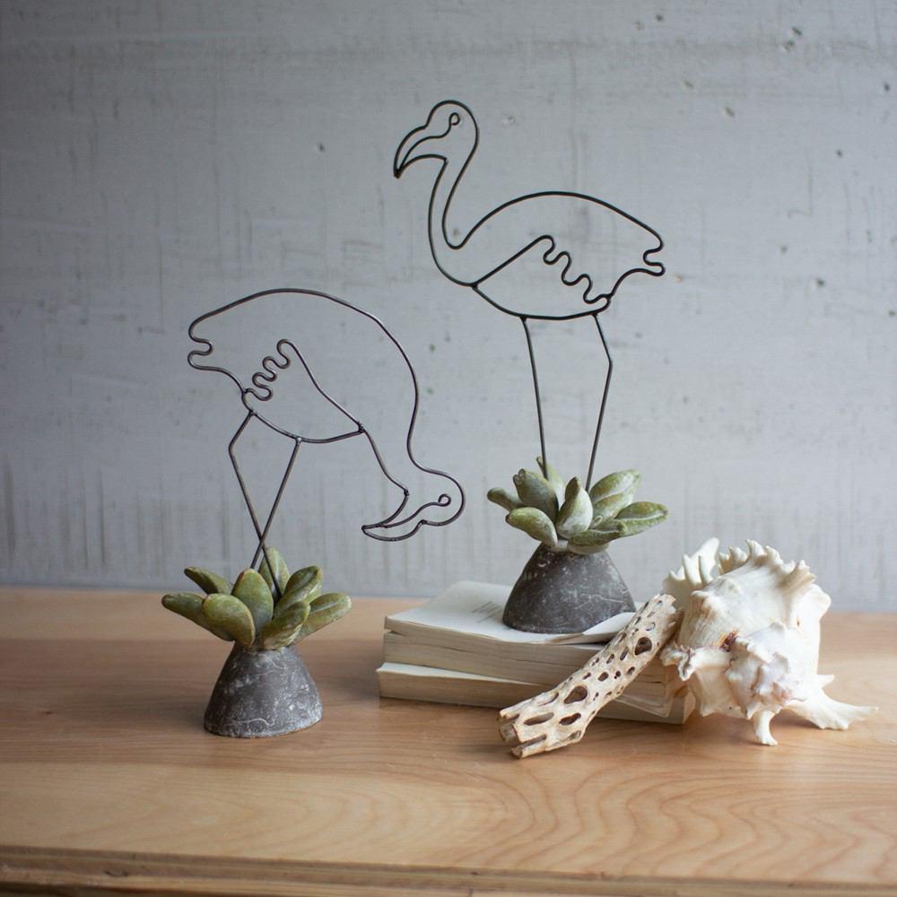 Kalalou Set Of 2 Wire Flamingos With River Rock Bases