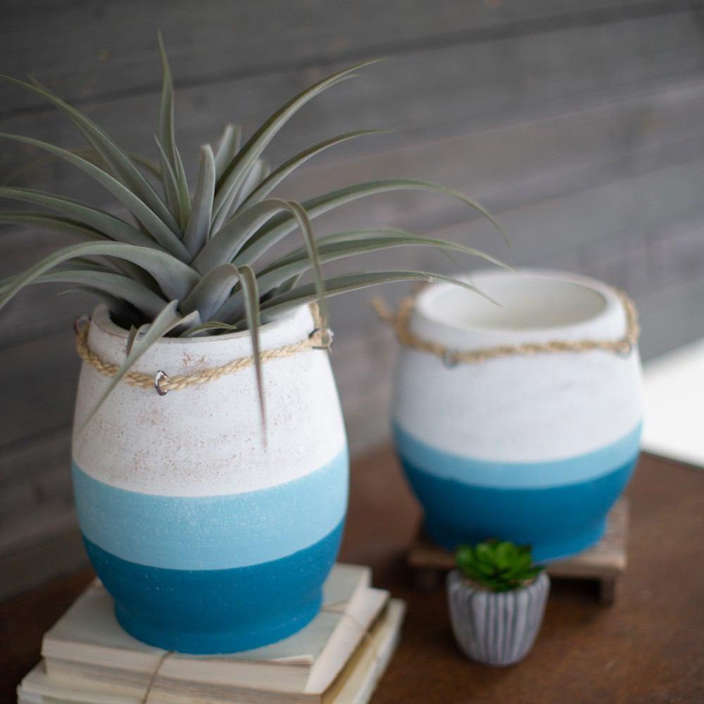 Kalalou Set Of 2 Clay Seaside Planters With Rope Detail