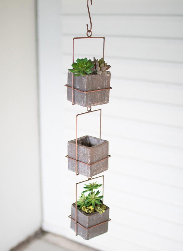 Kalalou Hanging Three Grey Square Clay Planters With Copper Finish Hanger